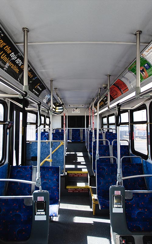 Looking back at the seats in a boise bus