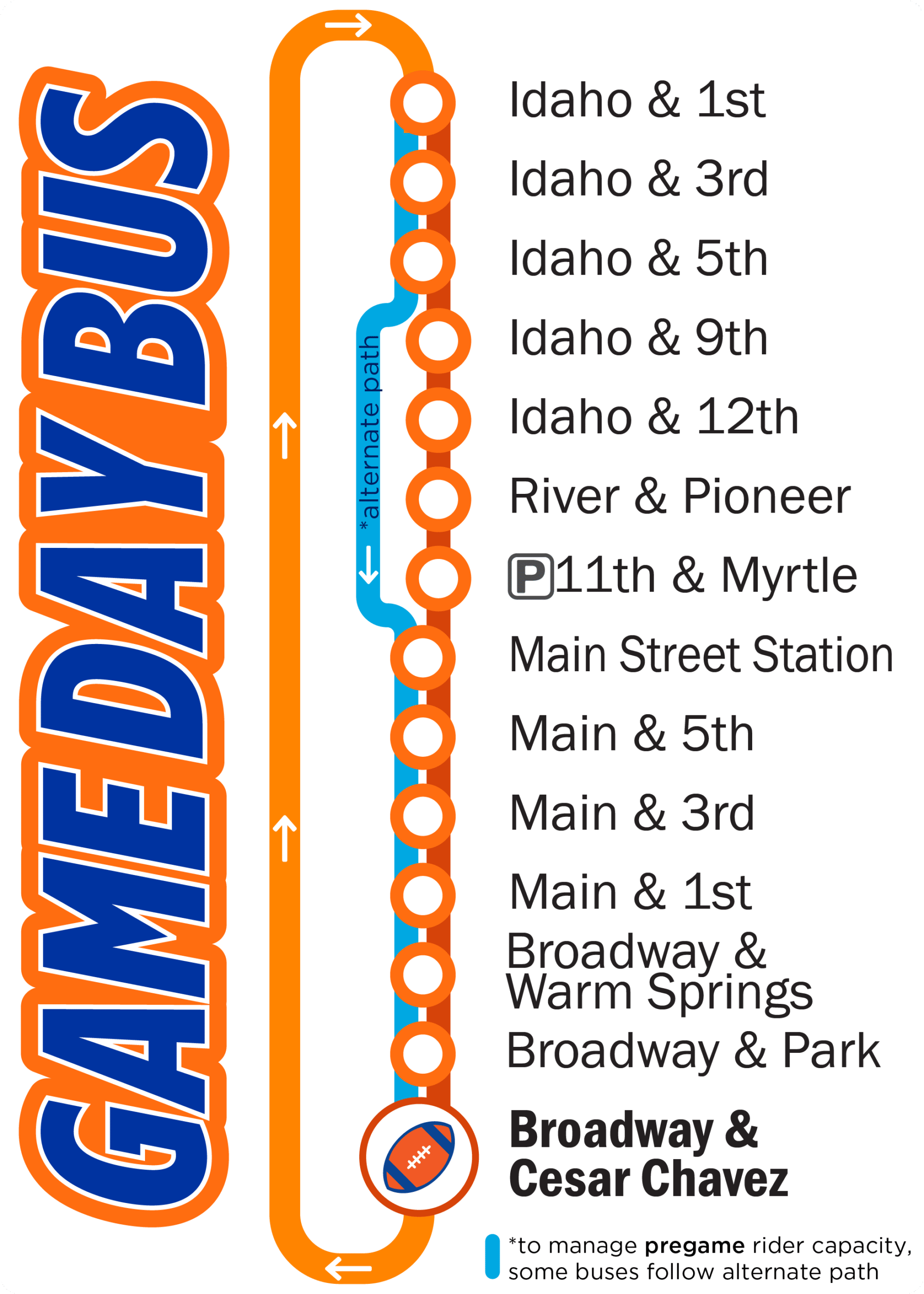 Stop list for VRT 2025 Game Day Bus Stops are listed along the route including Idaho & 1st, 3rd, 5th, 9th, 12th, River & Pioneer, 11th & Myrtle with a park and ride, Main Street Station, Main & 5th, Main & 3rd, and Main & 1st. A note indicates that some buses use an alternate pregame path to manage rider capacity.
