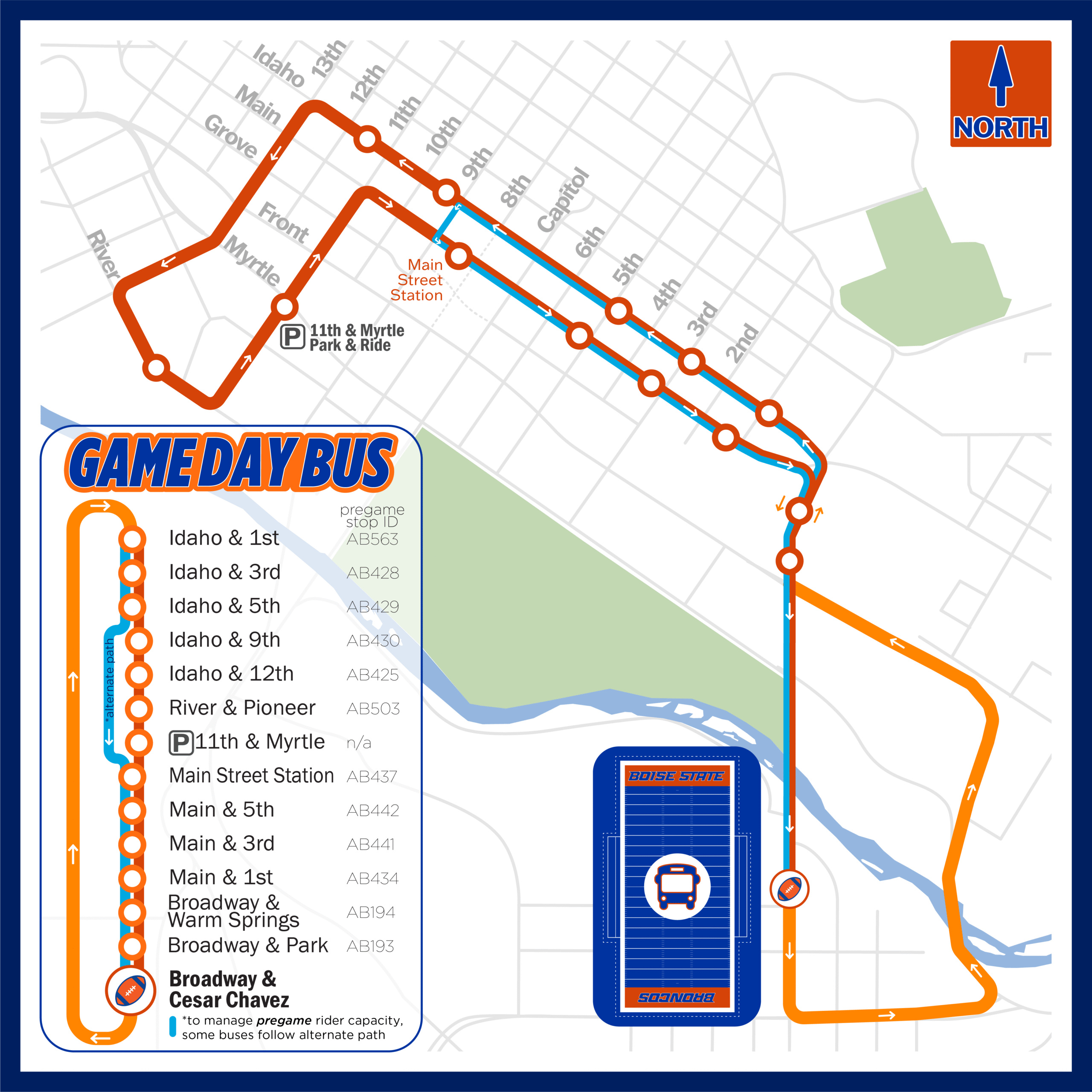 Map of downtown Boise displaying the route taken by the 2025 VRT Game Day Bus. Route goes in a loop starting at Bronco Stadium, traveling north to Idaho Street, then west to 12th Street, turning south on River and Pioneer, then looping around 11th & Myrtle, stopping at multiple downtown locations including Main Street Station, before returning via Broadway & Caesar Chavez back to the stadium. Stops are listed along the route including Idaho & 1st, 3rd, 5th, 9th, 12th, River & Pioneer, 11th & Myrtle, Main Street Station, Main & 5th, Main & 3rd, and Main & 1st. A note indicates that some buses use an alternate pregame path to manage rider capacity.