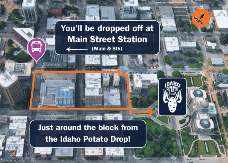 Aerial image of downtown Boise featuring walking path options from Main Street Station (Main & 8th) to the Idaho State Capitol Building (700 W Jefferson) which is the location of the New Year's Eve Idaho Potato Drop event.